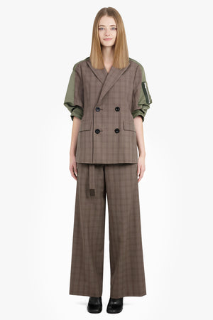 SACAI RTW Contrast Balloon S/S Double Breasted Check Jacket | Brown/Green