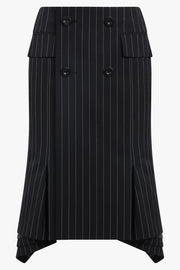 SACAI RTW Asymmetric Flared Hem Stripe Midi Skirt With Button Detail | Black/White