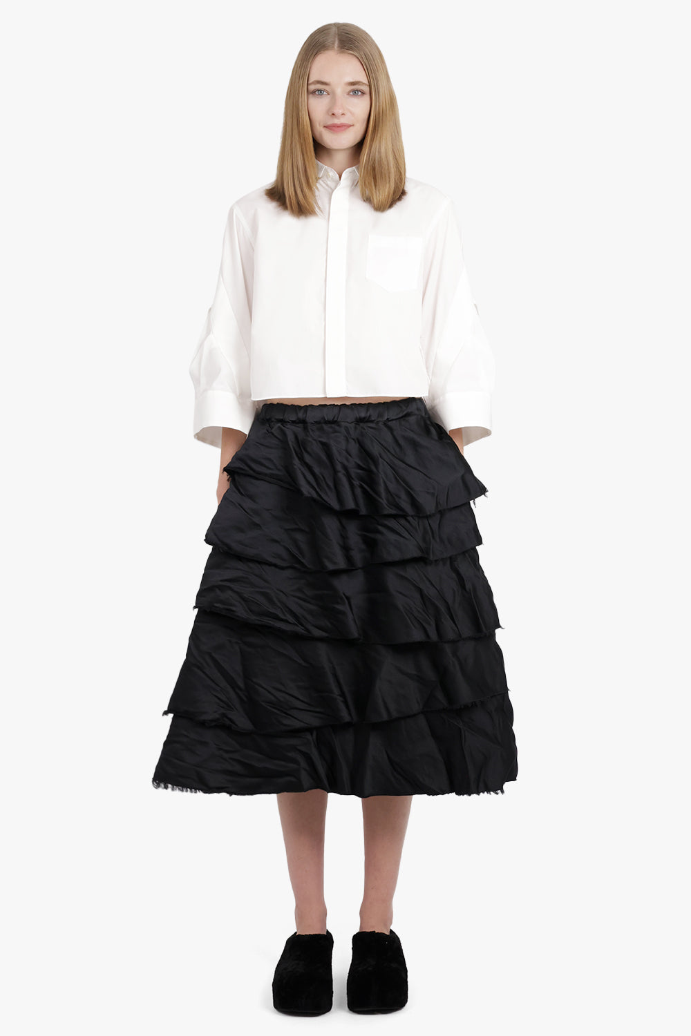 COMME DES GARCONS BLACK RTW Ruffle Layer Detail Midi Skirt | Black