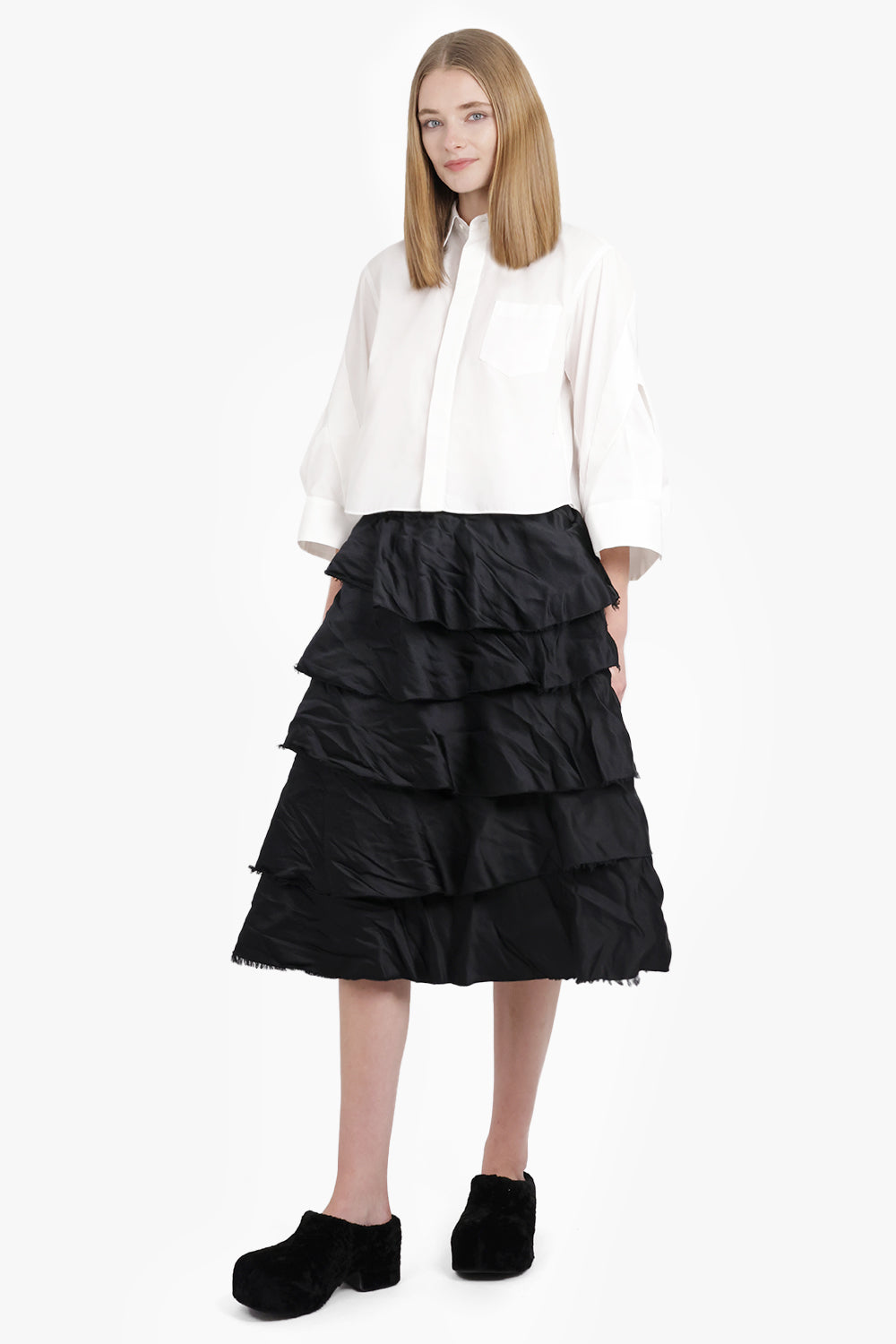 COMME DES GARCONS BLACK RTW Ruffle Layer Detail Midi Skirt | Black