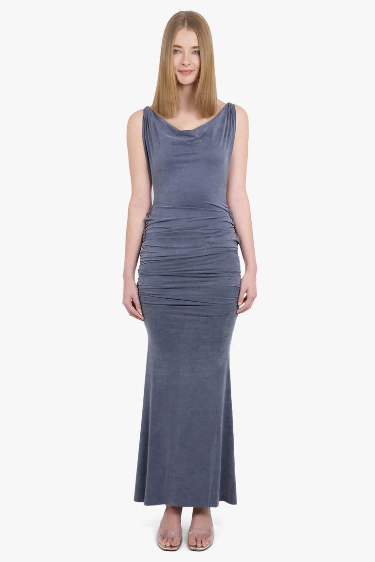 Liz Ruched S/Less Asymmetric Midi Dress | Washed Navy Parlour X Liz Ruched S/Less Asymmetric Midi Dress | Washed Navy Parlour X