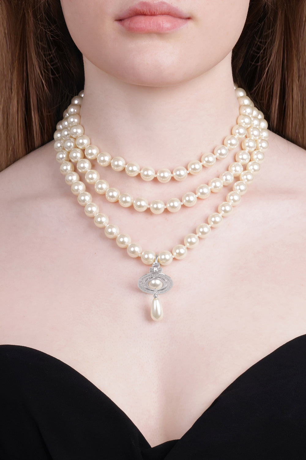 VIVIENNE WESTWOOD JEWELLERY SILVER / White/Silver Three Row Pearl Drop Choker | White/Silver