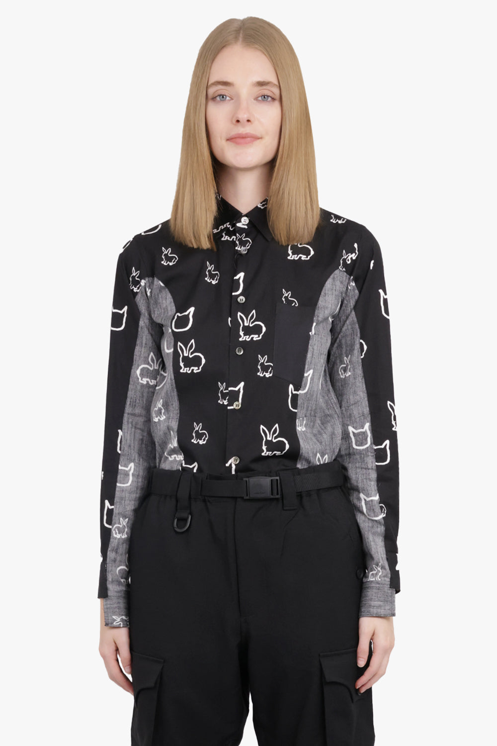 COMME DES GARCONS BLACK RTW X Filip Pagowski Panel L/S Animal Print Shirt | Black/White/Grey