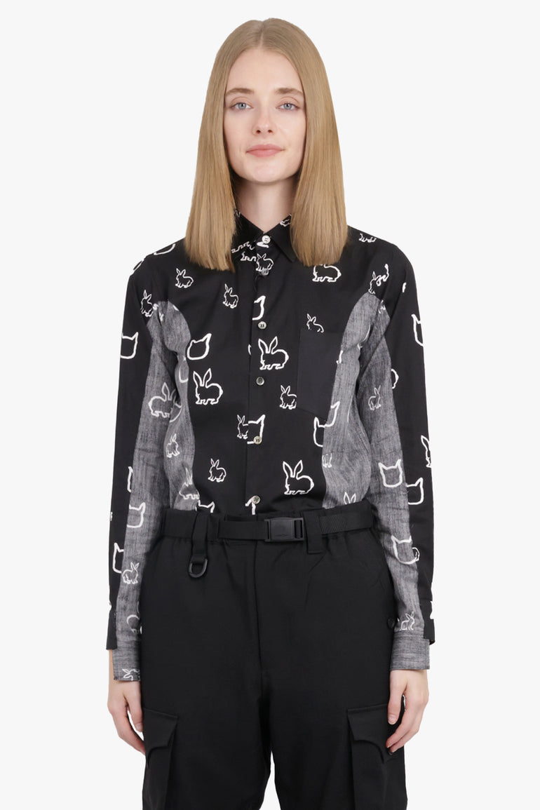 COMME DES GARCONS BLACK RTW X Filip Pagowski Panel L/S Animal Print Shirt | Black/White/Grey