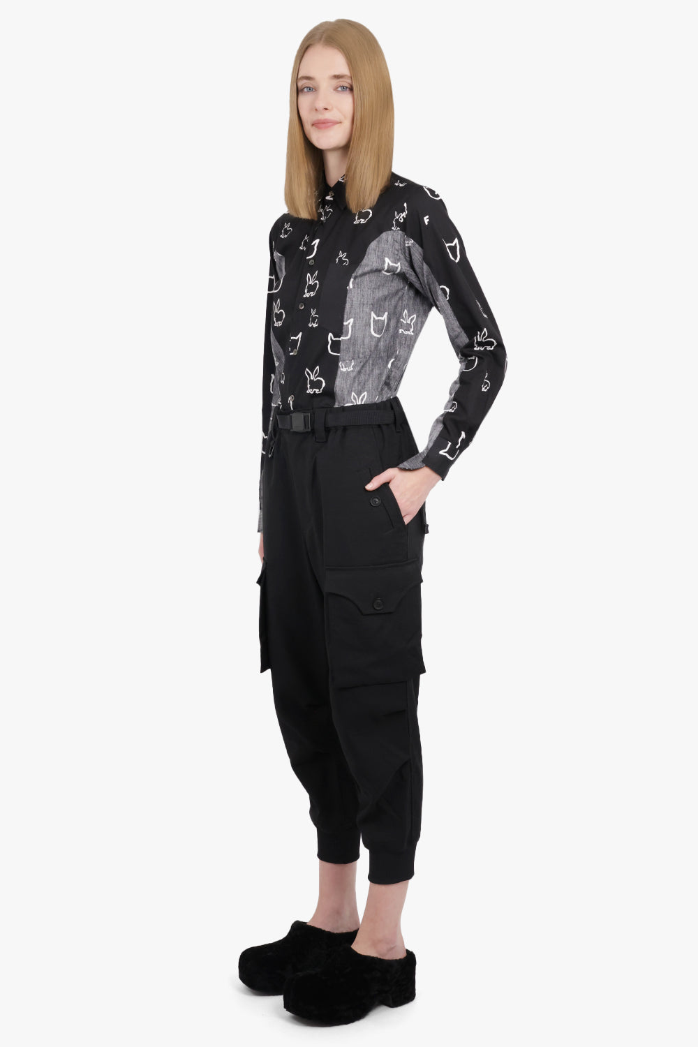 COMME DES GARCONS BLACK RTW X Filip Pagowski Panel L/S Animal Print Shirt | Black/White/Grey