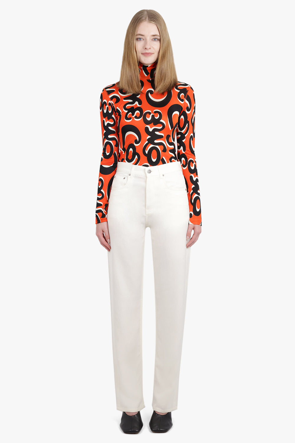 PHOEBE PHILO RTW Come Print L/S High Neck Second Skin Top | Red/Black/White