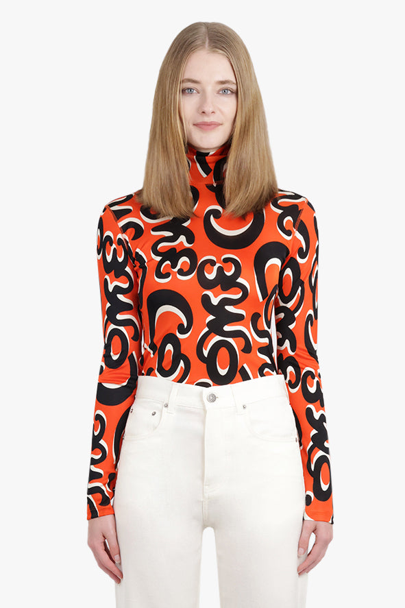 PHOEBE PHILO RTW Come Print L/S High Neck Second Skin Top | Red/Black/White