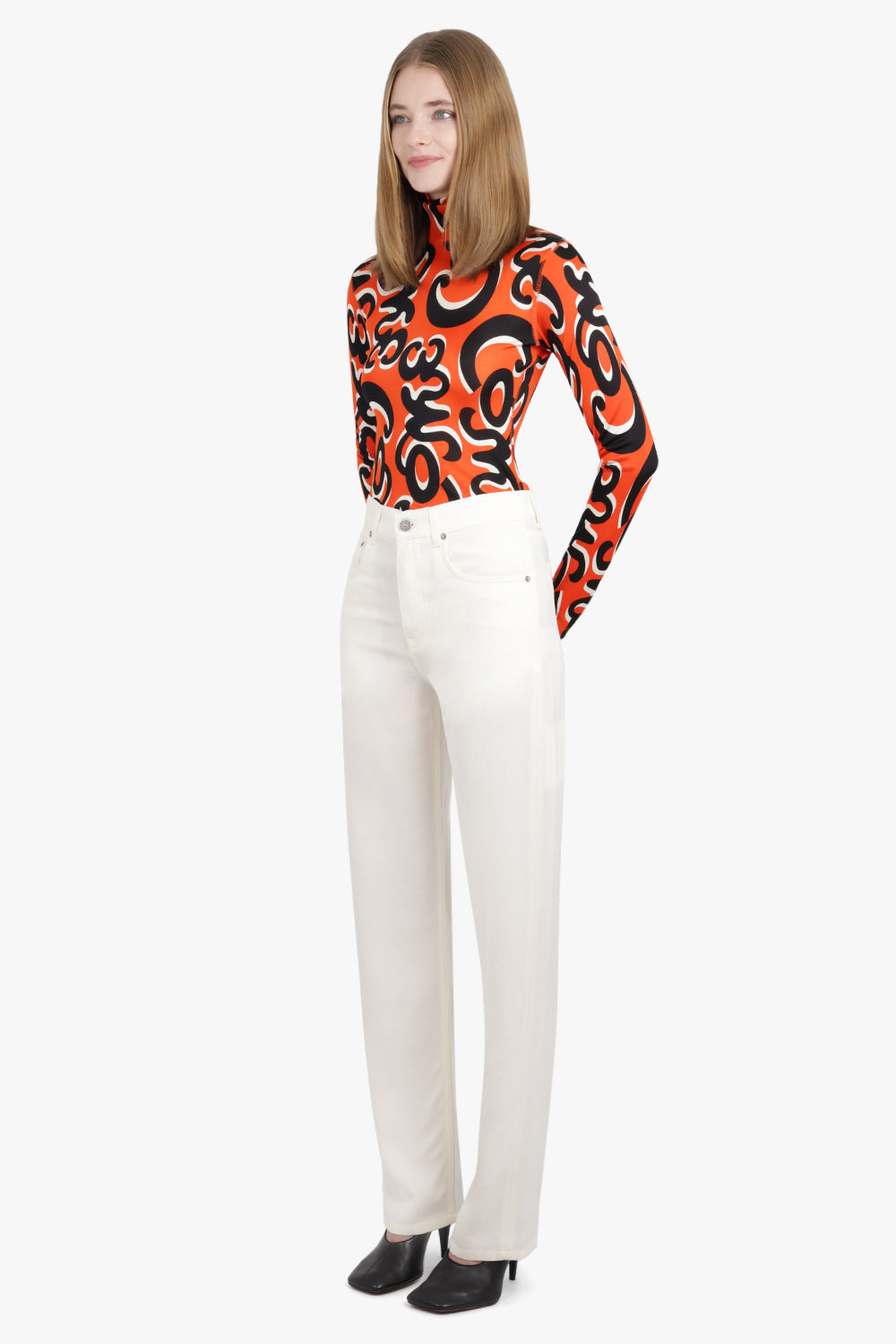 PHOEBE PHILO RTW Come Print L/S High Neck Second Skin Top | Red/Black/White
