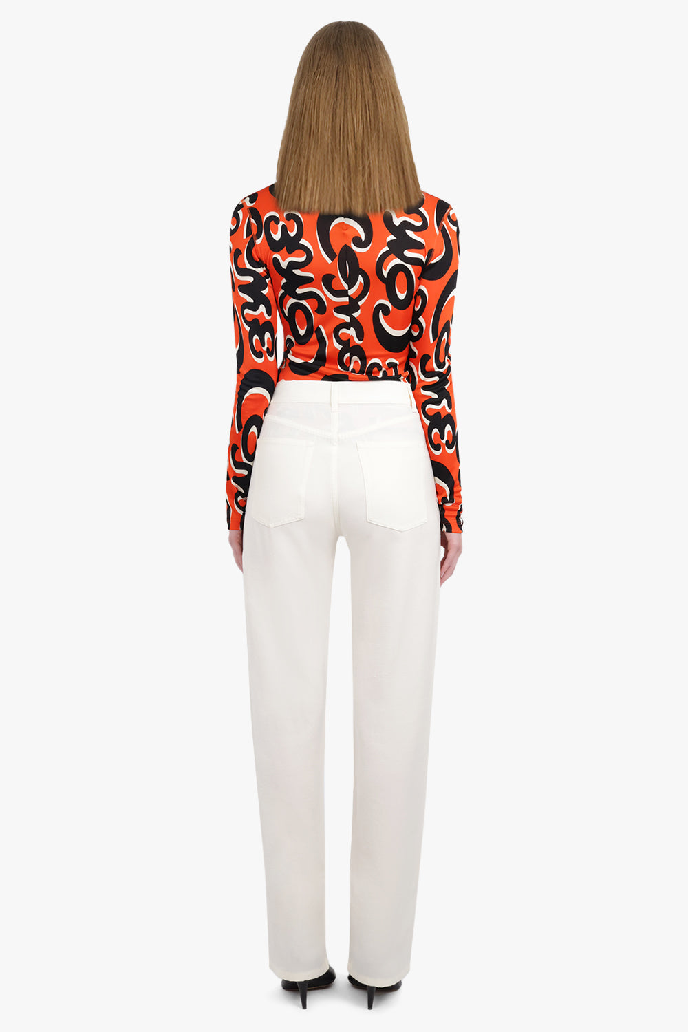 PHOEBE PHILO RTW Come Print L/S High Neck Second Skin Top | Red/Black/White