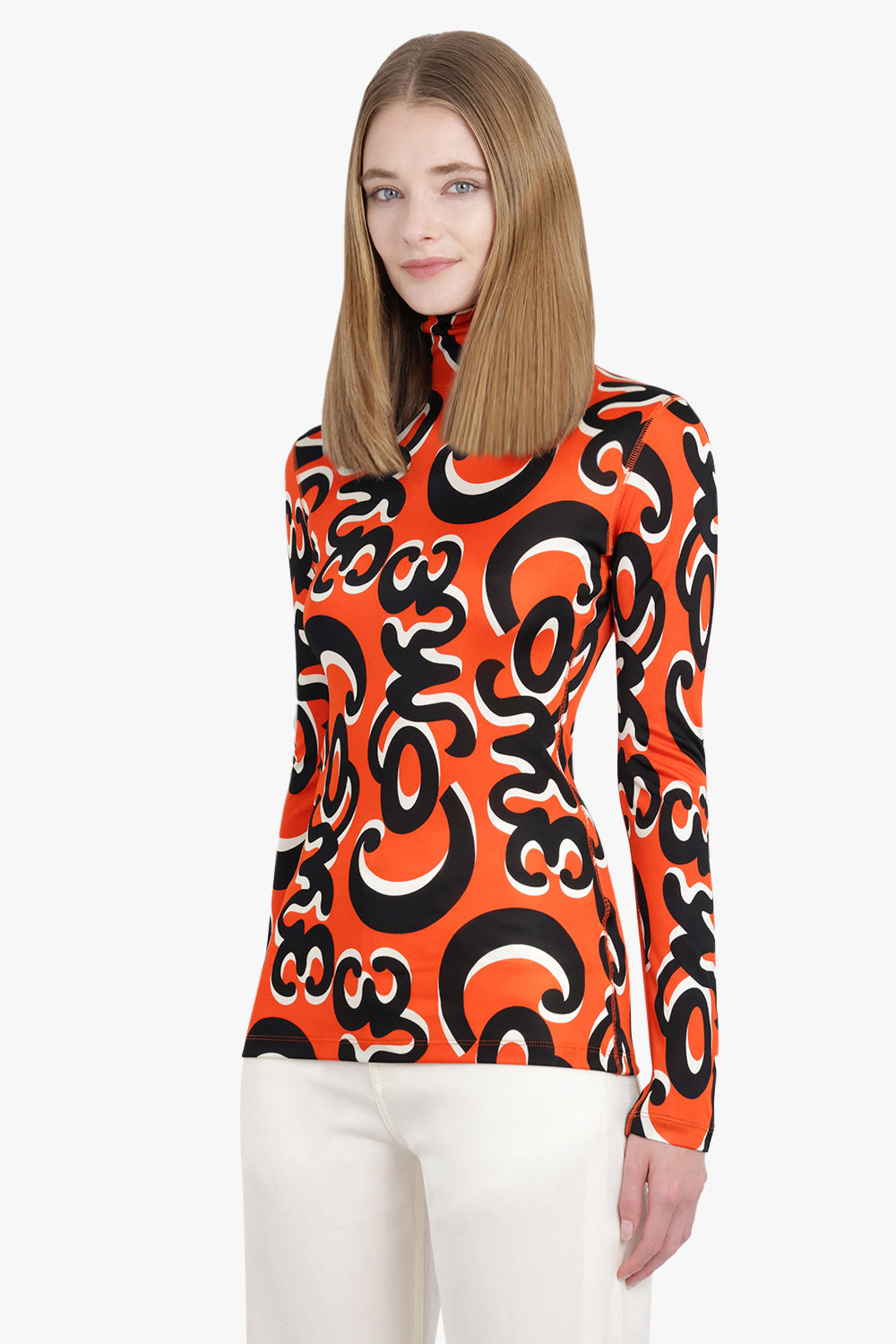 PHOEBE PHILO RTW Come Print L/S High Neck Second Skin Top | Red/Black/White