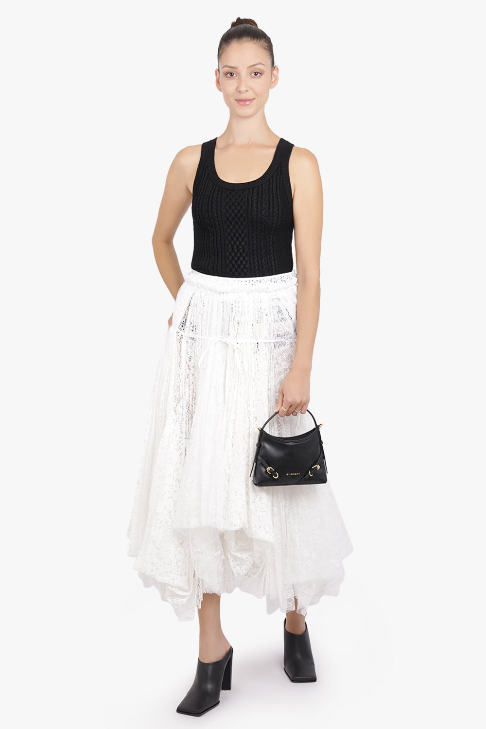 JW ANDERSON RTW Mixed Lace Asymmetric Pleat Midi Skirt | White