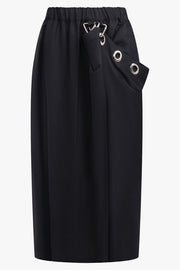 NOIR KEI NINOMIYA RTW Elastic Waist Midi Skirt With Draped Eyelet Panel | Black