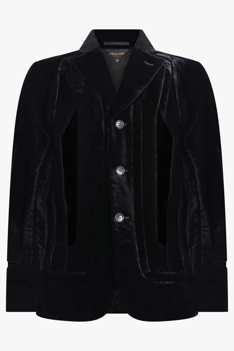 COMME DES GARCONS RTW Single Breast Velvet Cut Out Panel Jacket | Black