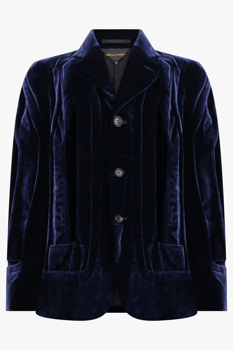 COMME DES GARCONS RTW Single Breast Velvet Cut Out Panel Jacket | Navy