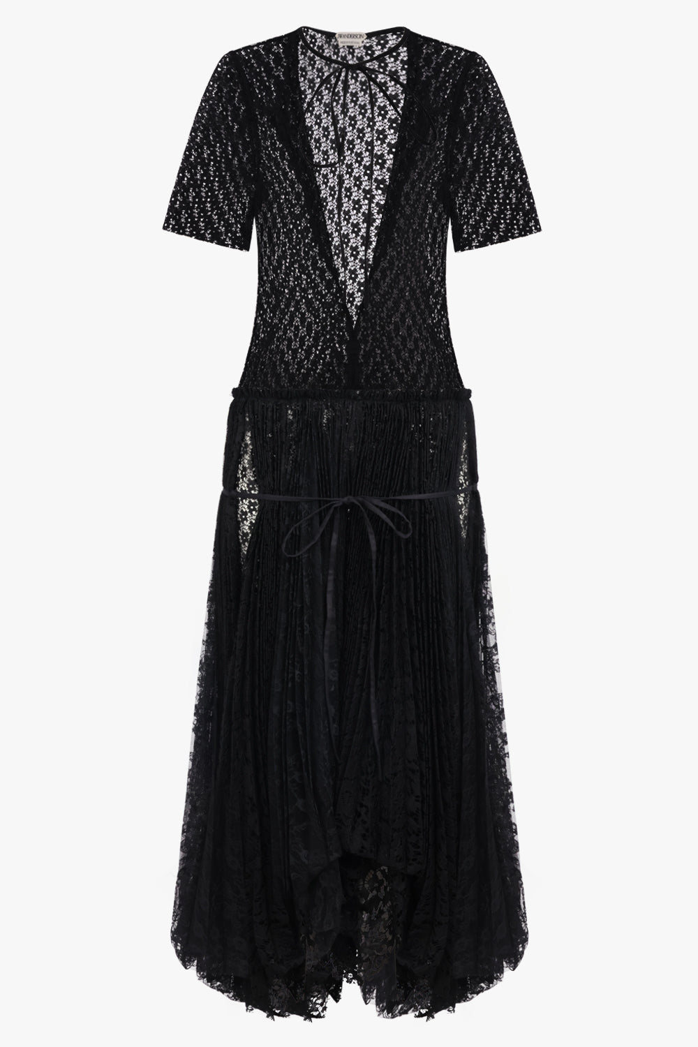 JW ANDERSON RTW S/S Mixed Lace Midi Dress With Asymmetric Pleated Skirt | Black