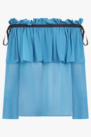 NINA RICCI RTW L/S Adjustable Neck Blouse | Lagoon Blue