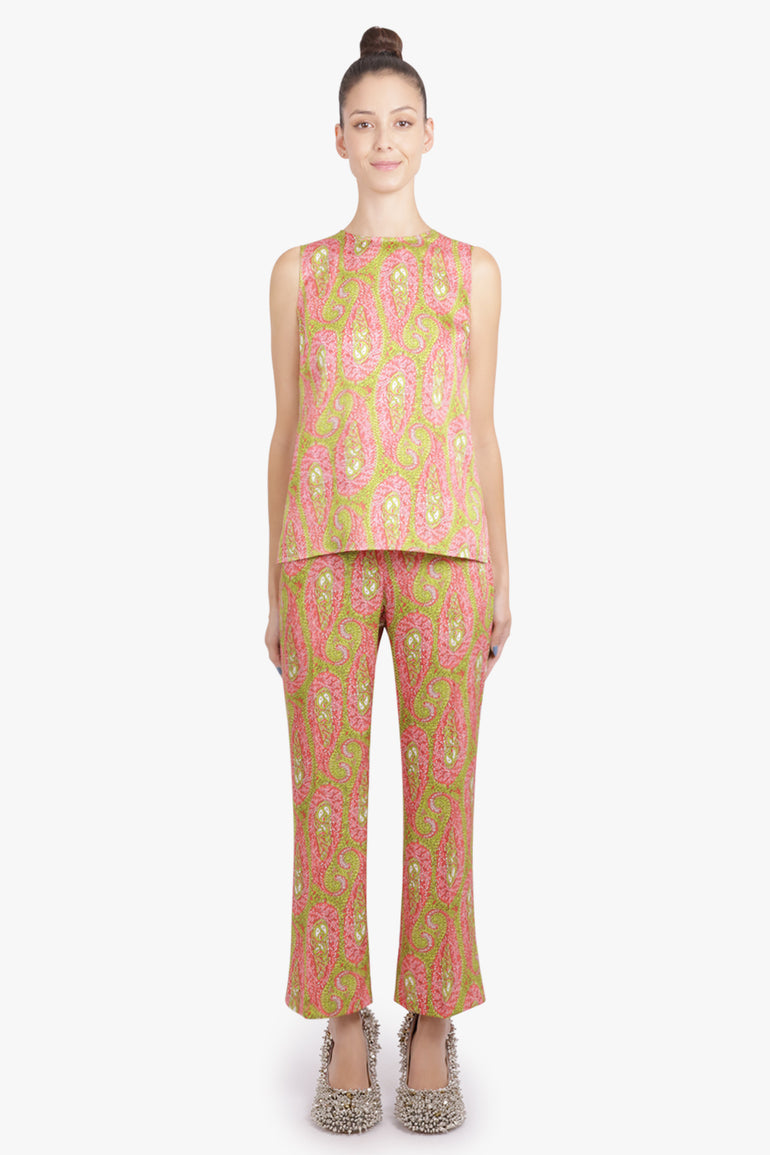 ETRO RTW Paisley Print Straight Leg Pant | Green/Pink
