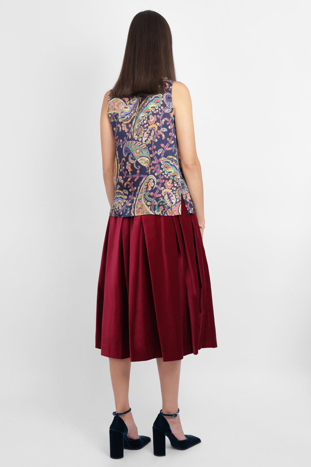 COMME DES GARCONS RTW Elastic Waist Velvet Pleat Midi Skirt | Burgundy