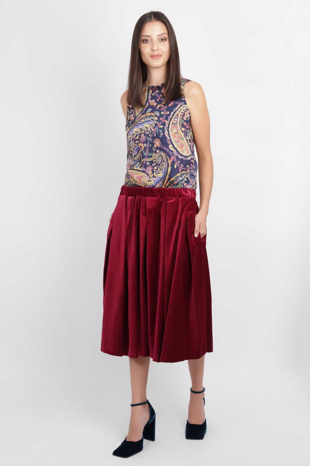 COMME DES GARCONS RTW Elastic Waist Velvet Pleat Midi Skirt | Burgundy