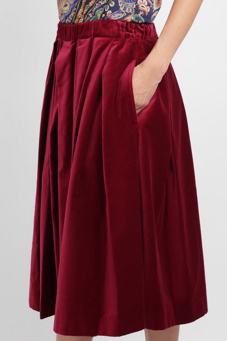 COMME DES GARCONS RTW Elastic Waist Velvet Pleat Midi Skirt | Burgundy