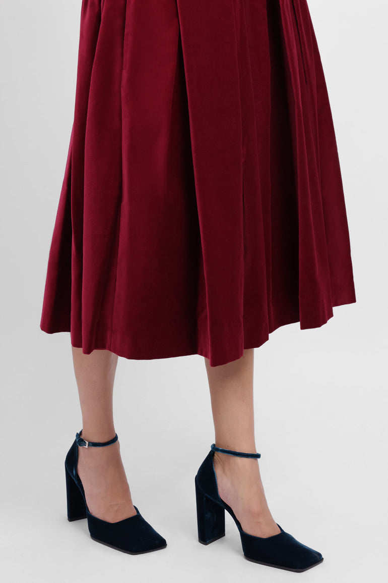 COMME DES GARCONS RTW Elastic Waist Velvet Pleat Midi Skirt | Burgundy