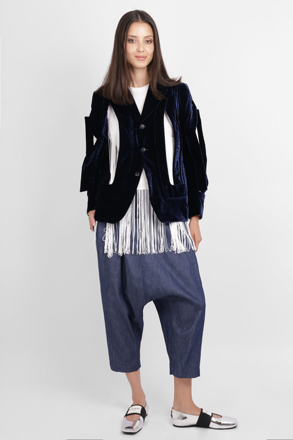 COMME DES GARCONS RTW Single Breast Velvet Cut Out Panel Jacket | Navy