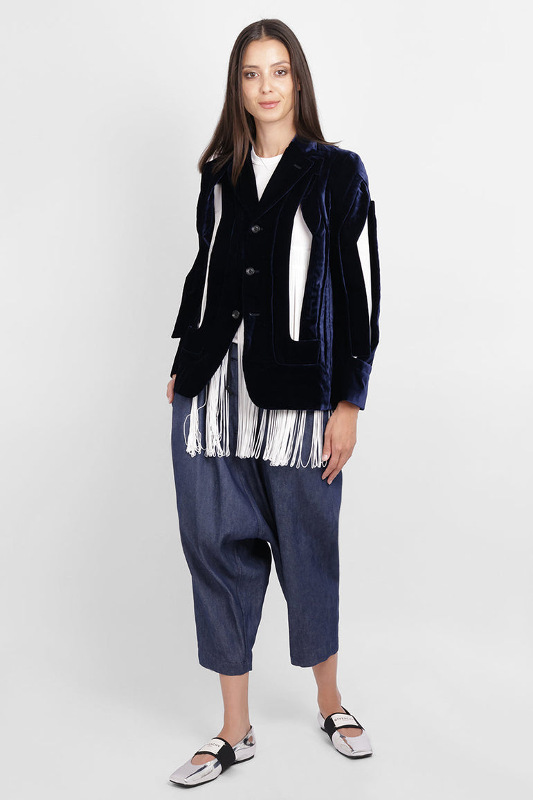 COMME DES GARCONS RTW Single Breast Velvet Cut Out Panel Jacket | Navy