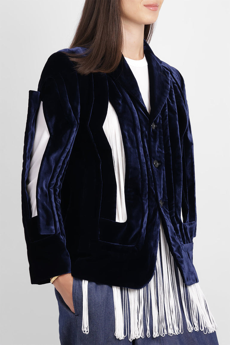 COMME DES GARCONS RTW Single Breast Velvet Cut Out Panel Jacket | Navy