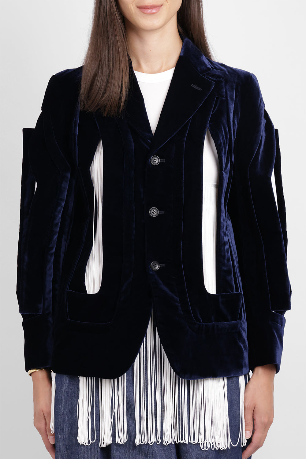COMME DES GARCONS RTW Single Breast Velvet Cut Out Panel Jacket | Navy