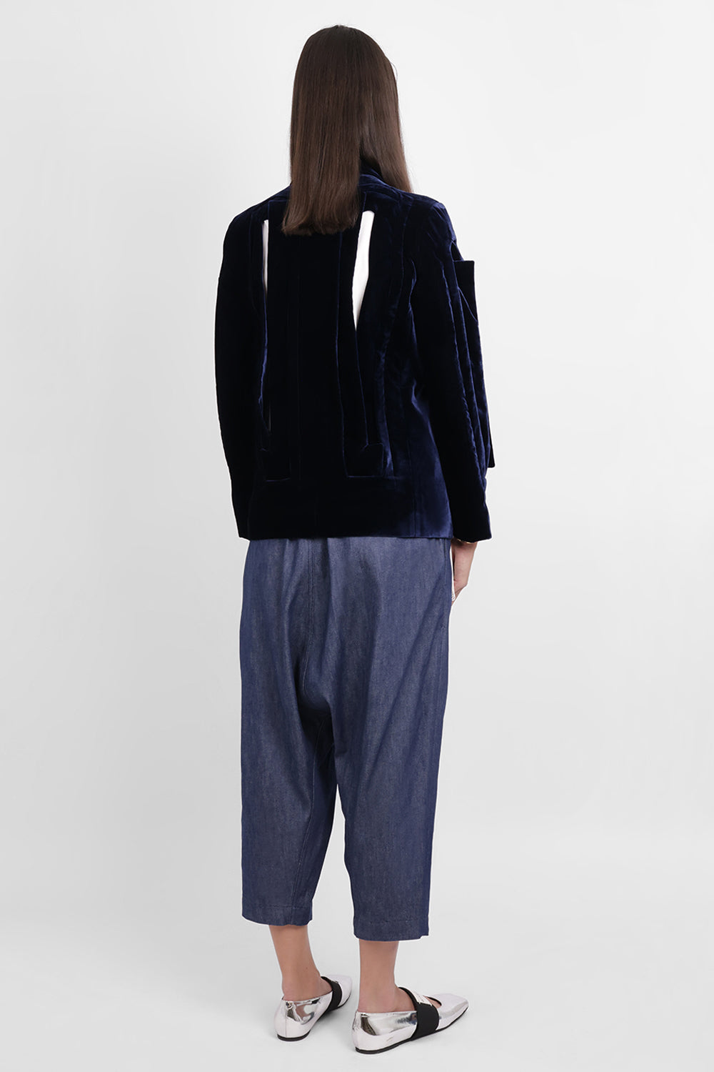 COMME DES GARCONS RTW Single Breast Velvet Cut Out Panel Jacket | Navy