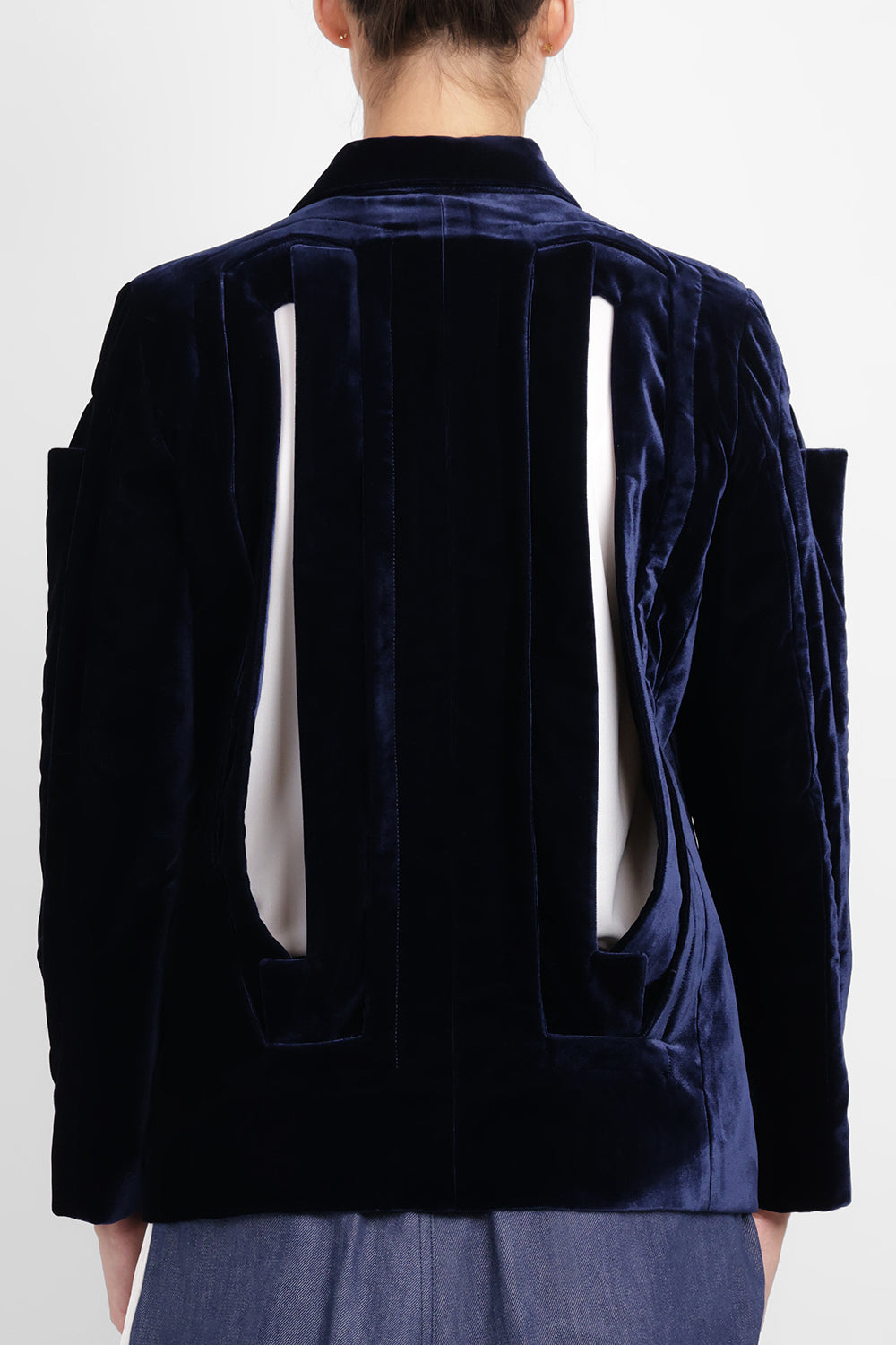 COMME DES GARCONS RTW Single Breast Velvet Cut Out Panel Jacket | Navy