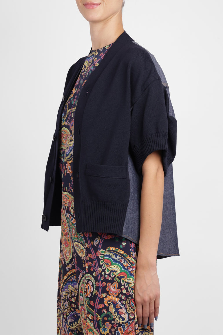 SACAI RTW S/S Denim X Knit Cardigan | Navy/Blue