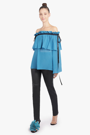 NINA RICCI RTW L/S Adjustable Neck Blouse | Lagoon Blue