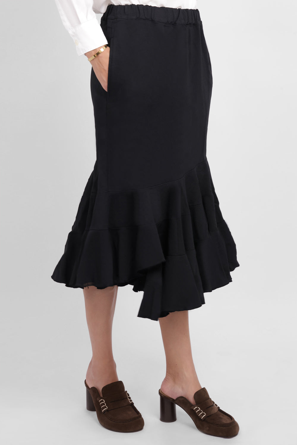 COMME DES GARCONS RTW Elastic Waist Tier Ruffle Hem Midi Skirt | Black