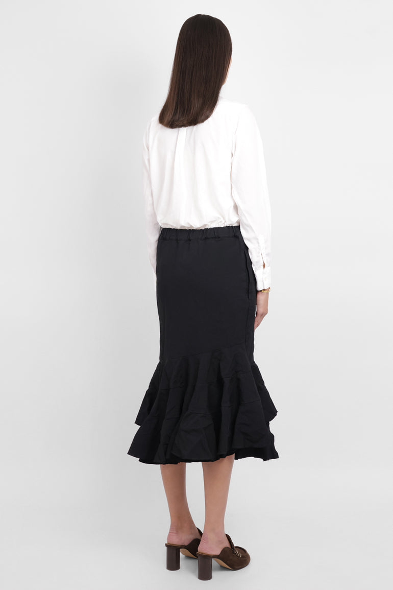 COMME DES GARCONS RTW Elastic Waist Tier Ruffle Hem Midi Skirt | Black