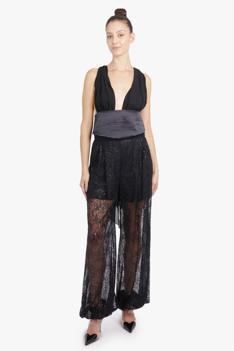 NINA RICCI RTW Sequin Sheer Wide Leg Pant | Black
