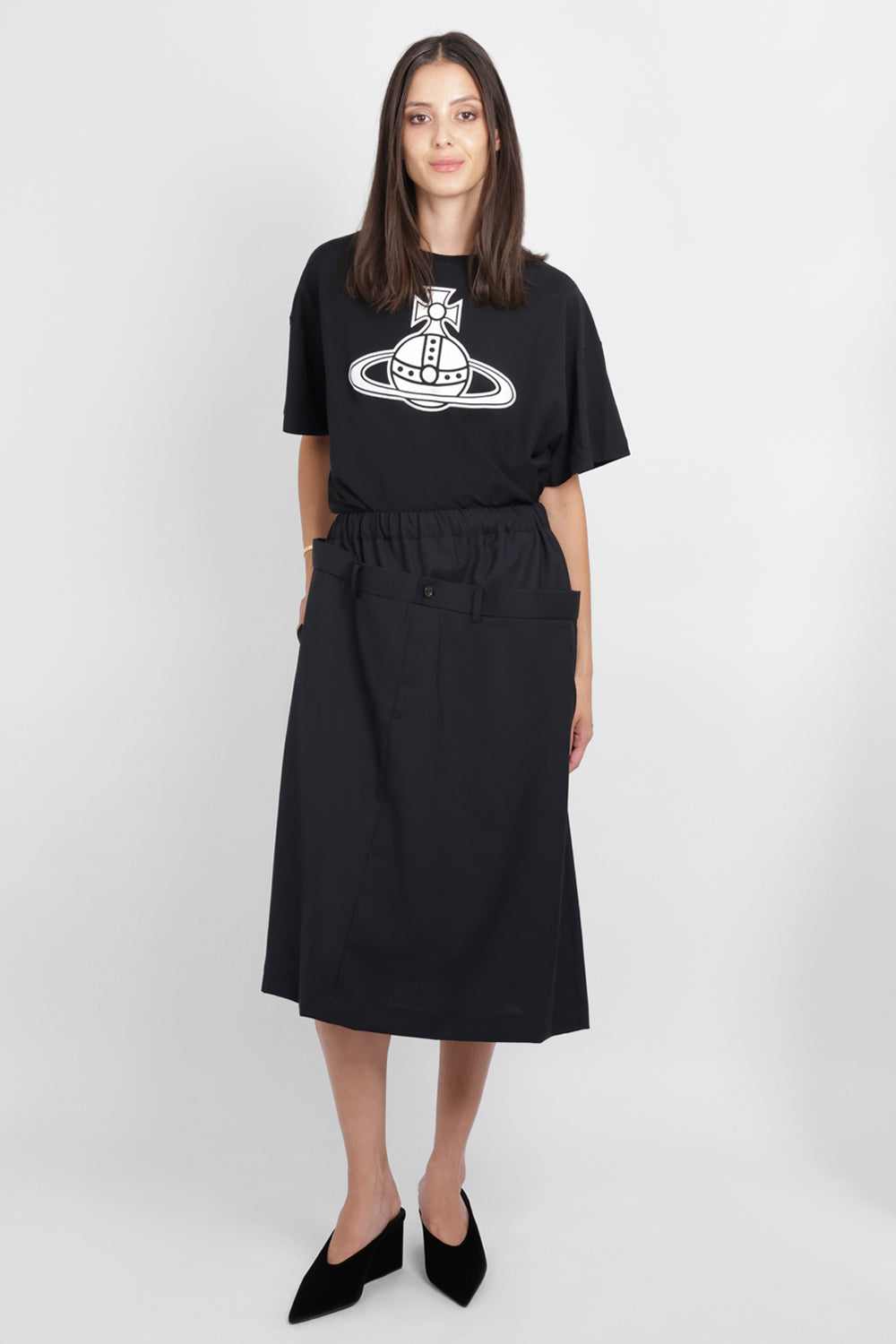 NOIR KEI NINOMIYA RTW Elastic Waist X Tailored Panel Overlay Midi Skirt | Black