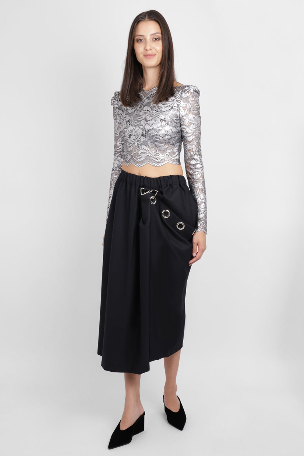 NOIR KEI NINOMIYA RTW Elastic Waist Midi Skirt With Draped Eyelet Panel | Black