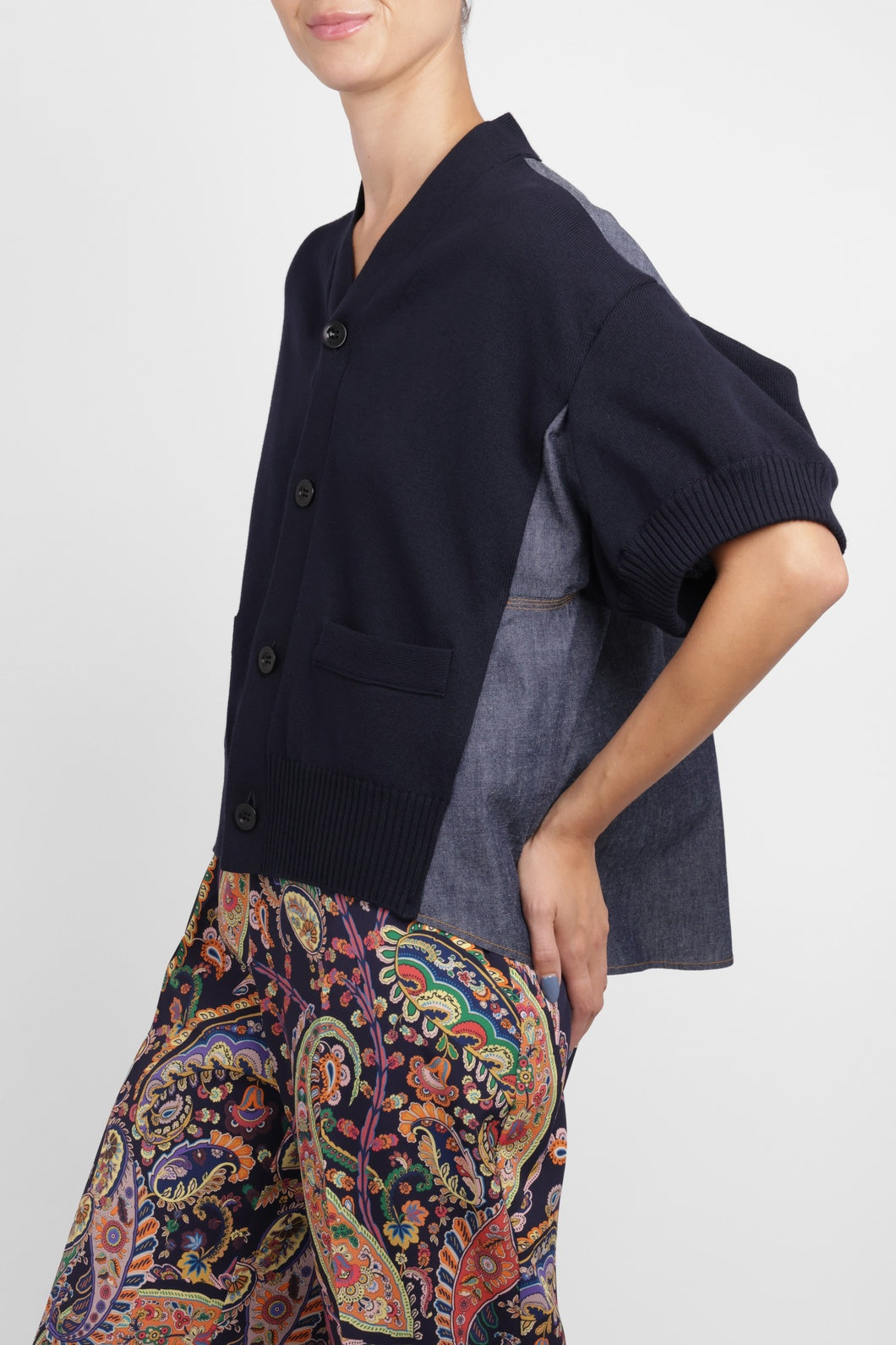SACAI RTW S/S Denim X Knit Cardigan | Navy/Blue