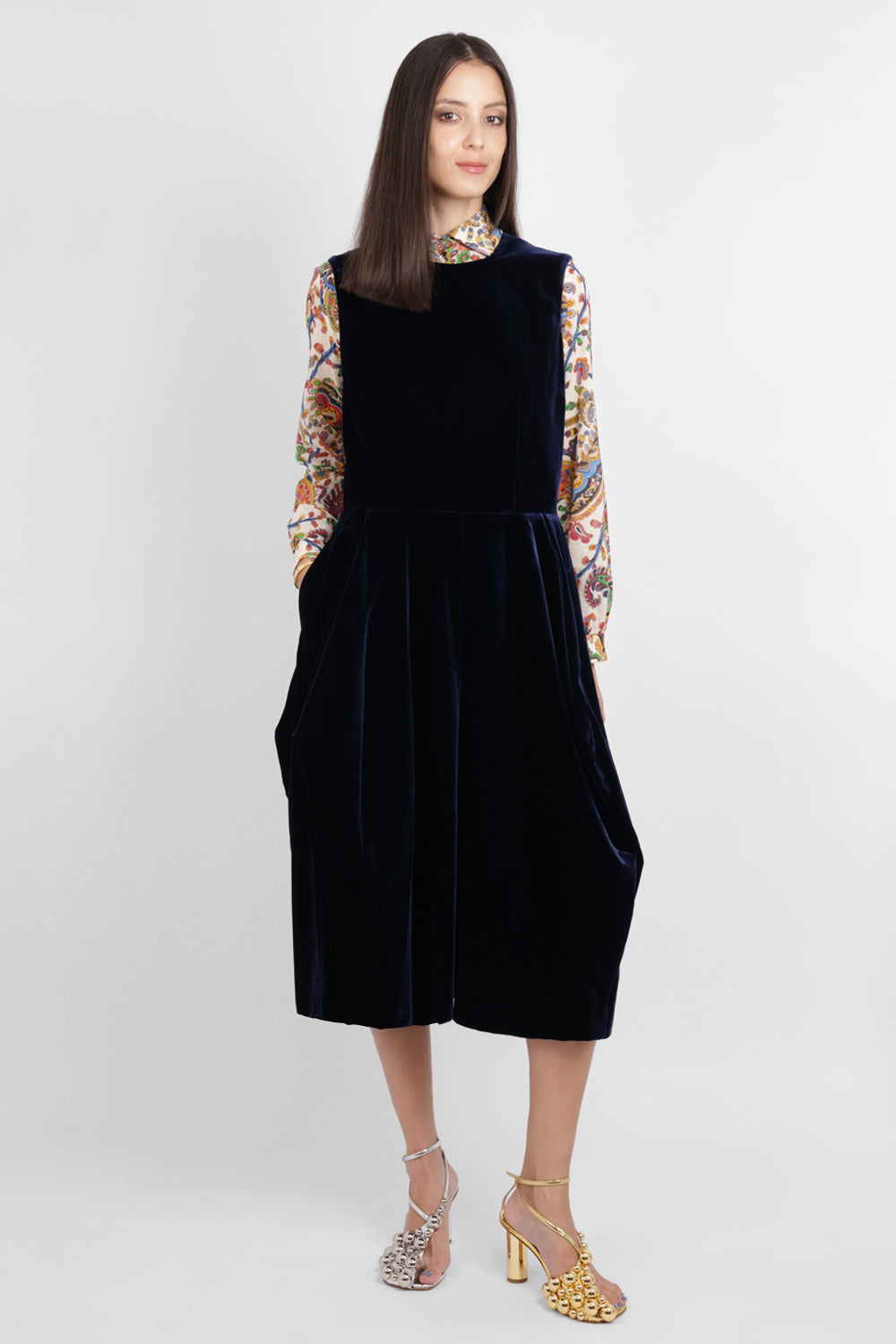 COMME DES GARCONS RTW Velvet Pinafore Jumpsuit With Balloon Leg | Navy