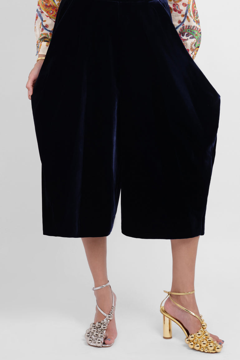 COMME DES GARCONS RTW Velvet Pinafore Jumpsuit With Balloon Leg | Navy