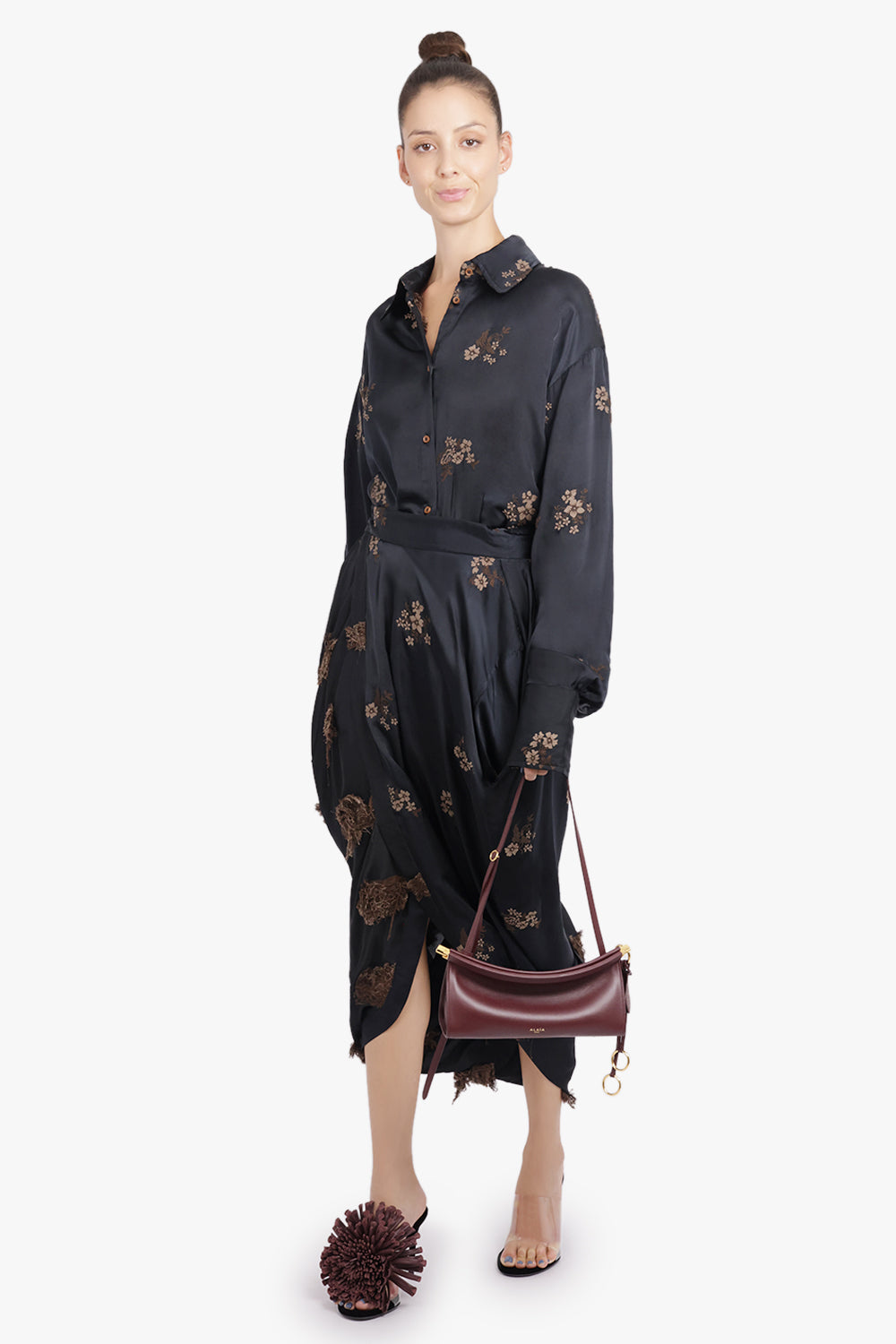 UMA WANG RTW L/S Tubby Floral Embroid Tie Neck | Black/Tan