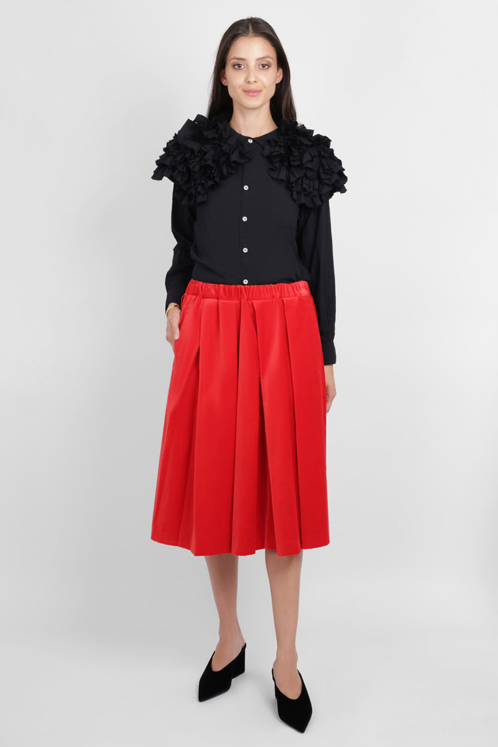COMME DES GARCONS RTW Elastic Waist Velvet Pleat Midi Skirt | Red