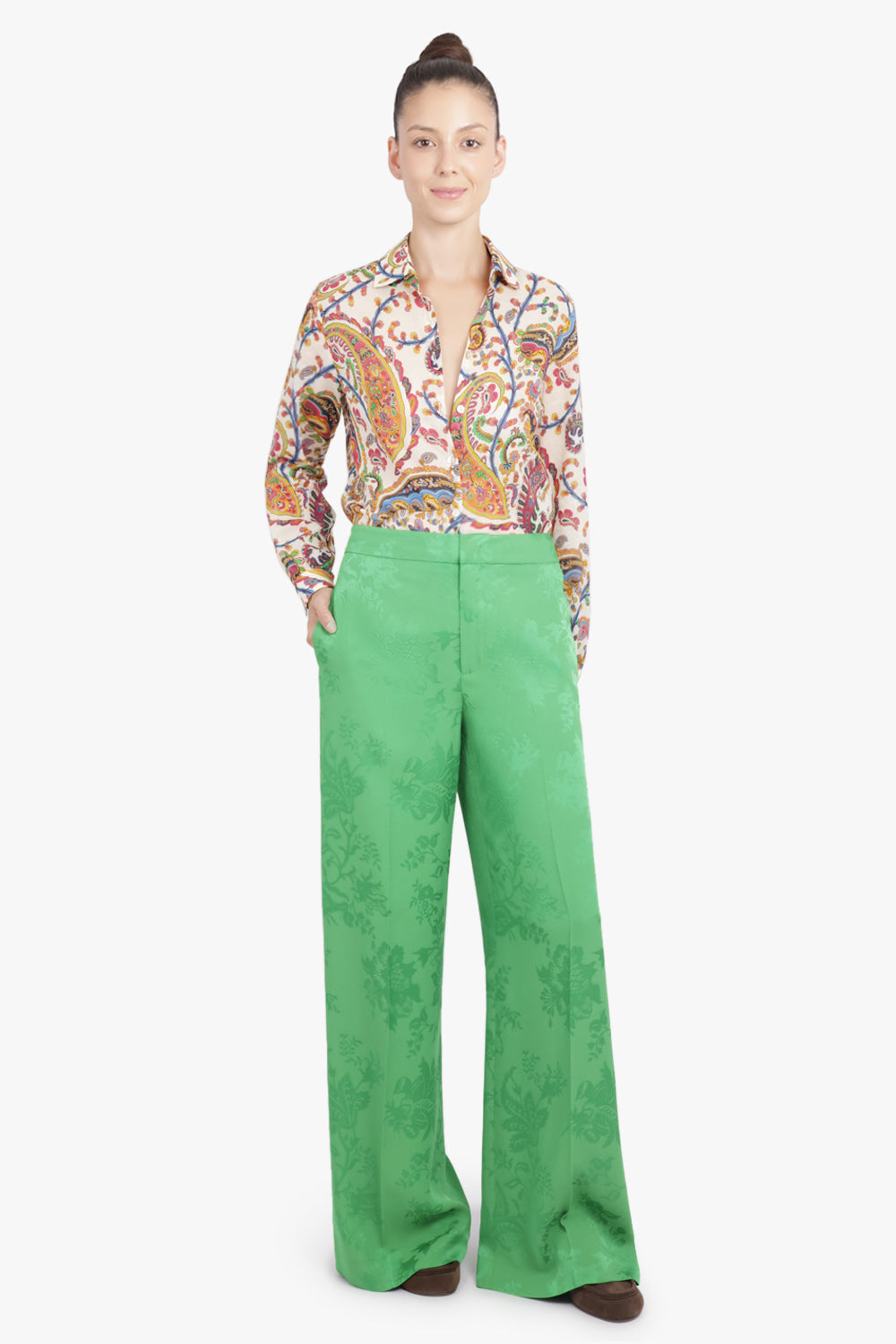 ETRO RTW Jaquard Floral Print Wide Leg Pant | Green