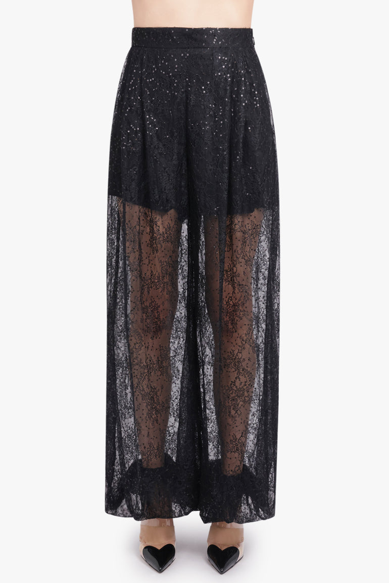 NINA RICCI RTW Sequin Sheer Wide Leg Pant | Black/Gold