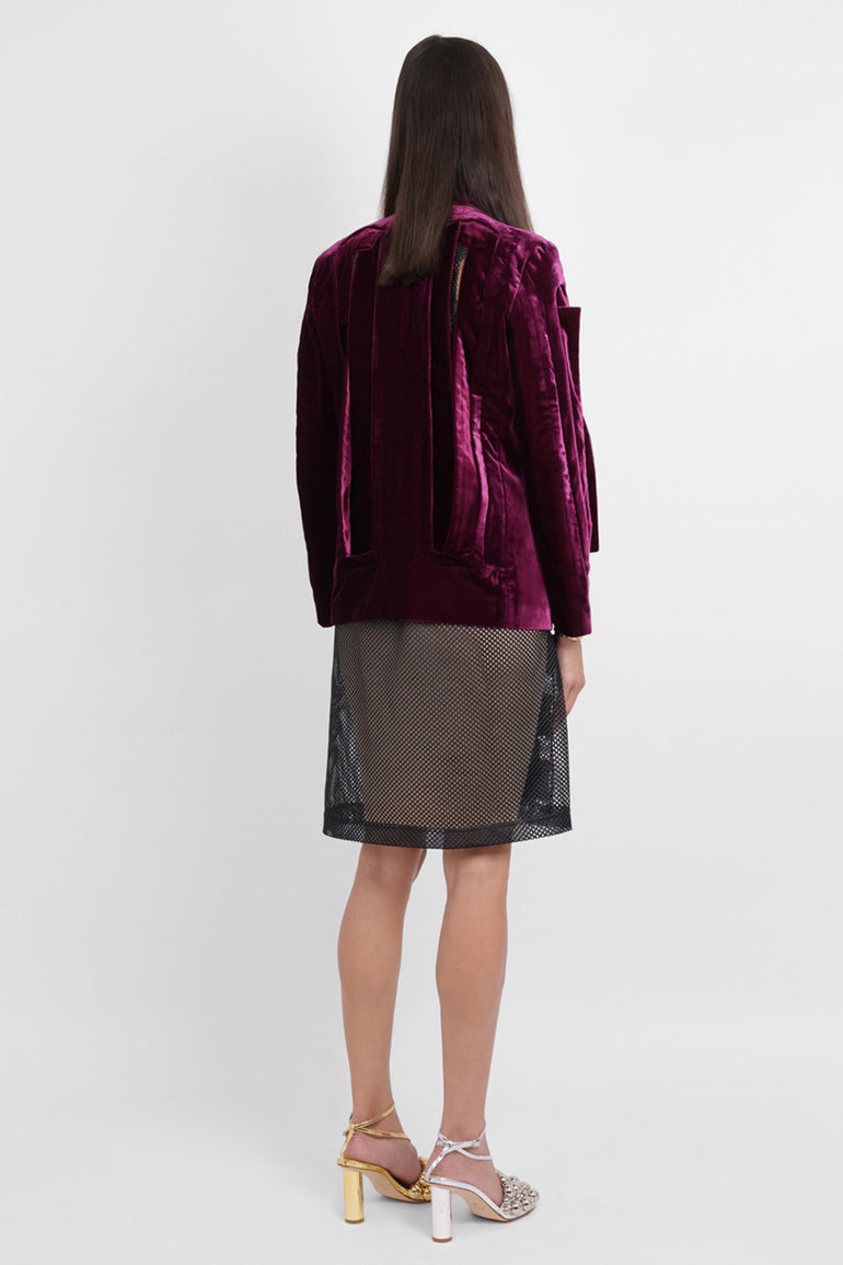 COMME DES GARCONS RTW Single Breast Velvet Cut Out Panel Jacket | Purple