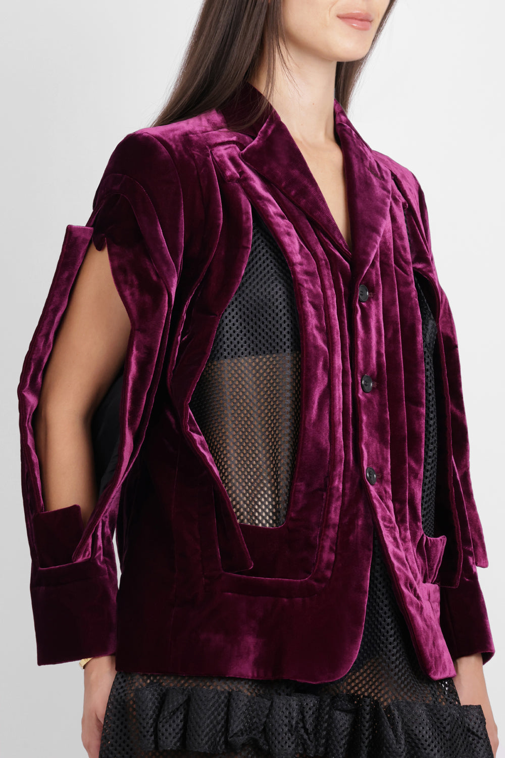COMME DES GARCONS RTW Single Breast Velvet Cut Out Panel Jacket | Purple