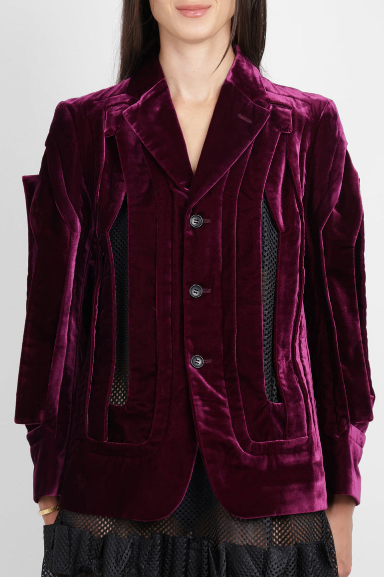 COMME DES GARCONS RTW Single Breast Velvet Cut Out Panel Jacket | Purple