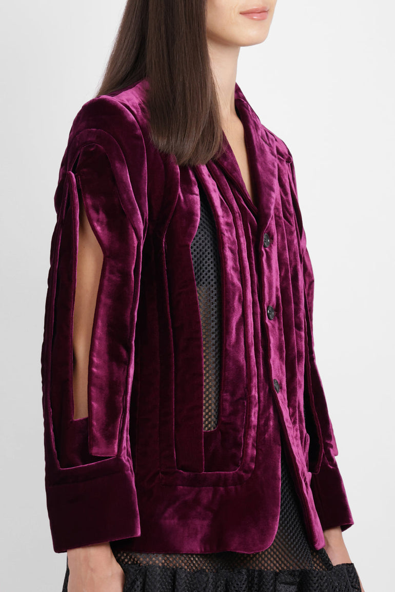 COMME DES GARCONS RTW Single Breast Velvet Cut Out Panel Jacket | Purple
