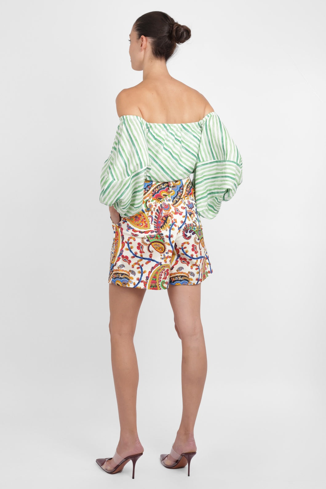 ROSIE ASSOULIN RTW Strapless Balloon Sleeve Watercolour Stripe Top | Green/White